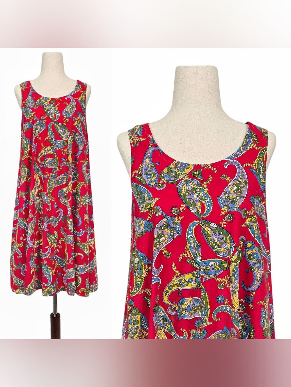 1990s Vintage Mini Dress 90s Skater Red Paisley Sleeveless XS Cotton Summer Vtg